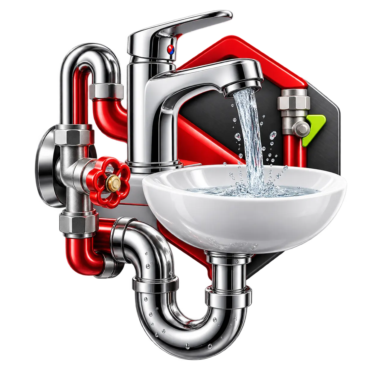 Illustration eines Waschbeckens mit Wasserhahn und Rohrleitungen Illustration eines Waschbeckens mit Wasserhahn und Rohrleitungen