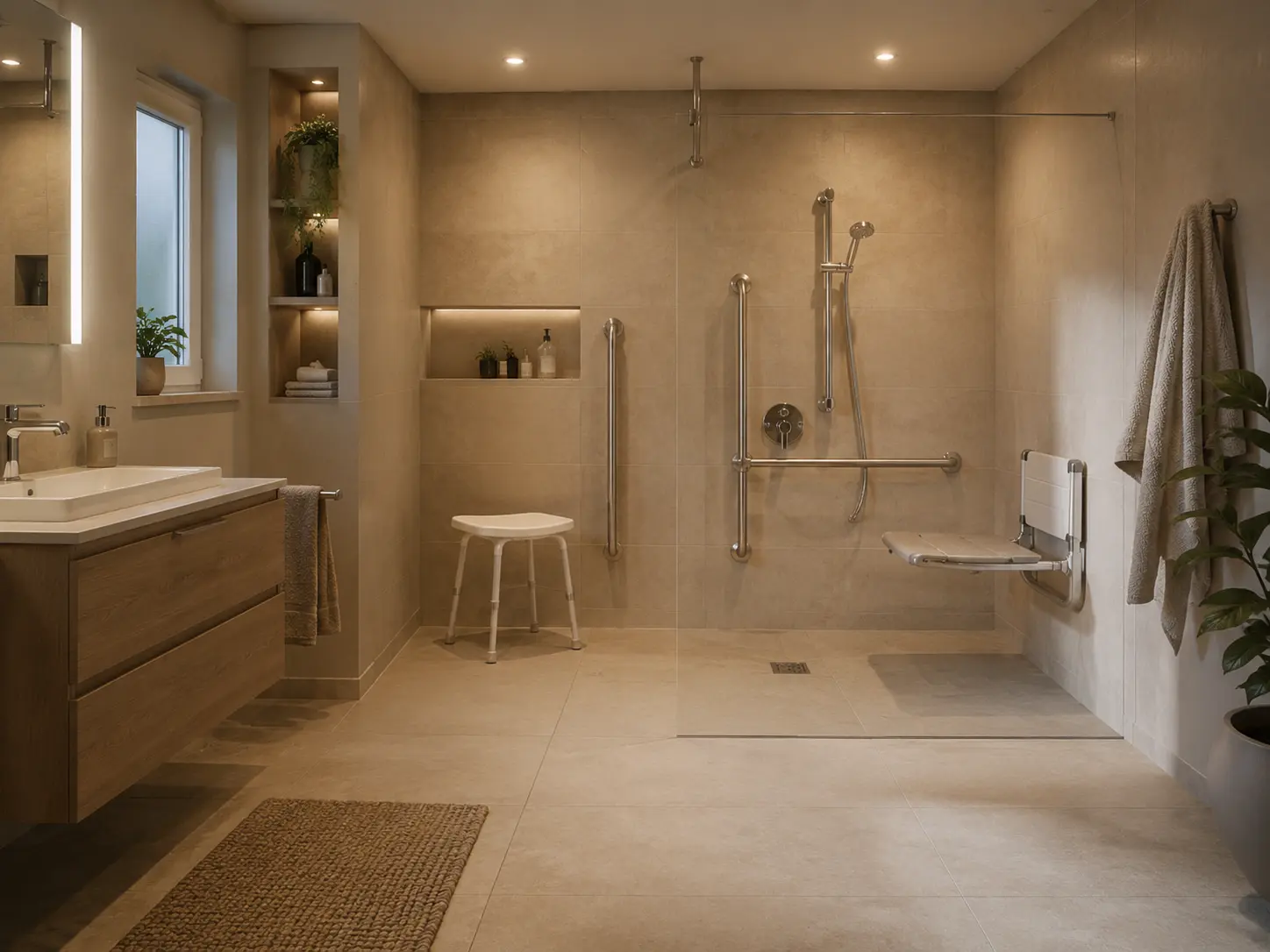 Badezimmer mit bodengleicher Dusche, Haltegriffen und klappbarem Duschsitz Badezimmer mit bodengleicher Dusche, Haltegriffen und klappbarem Duschsitz