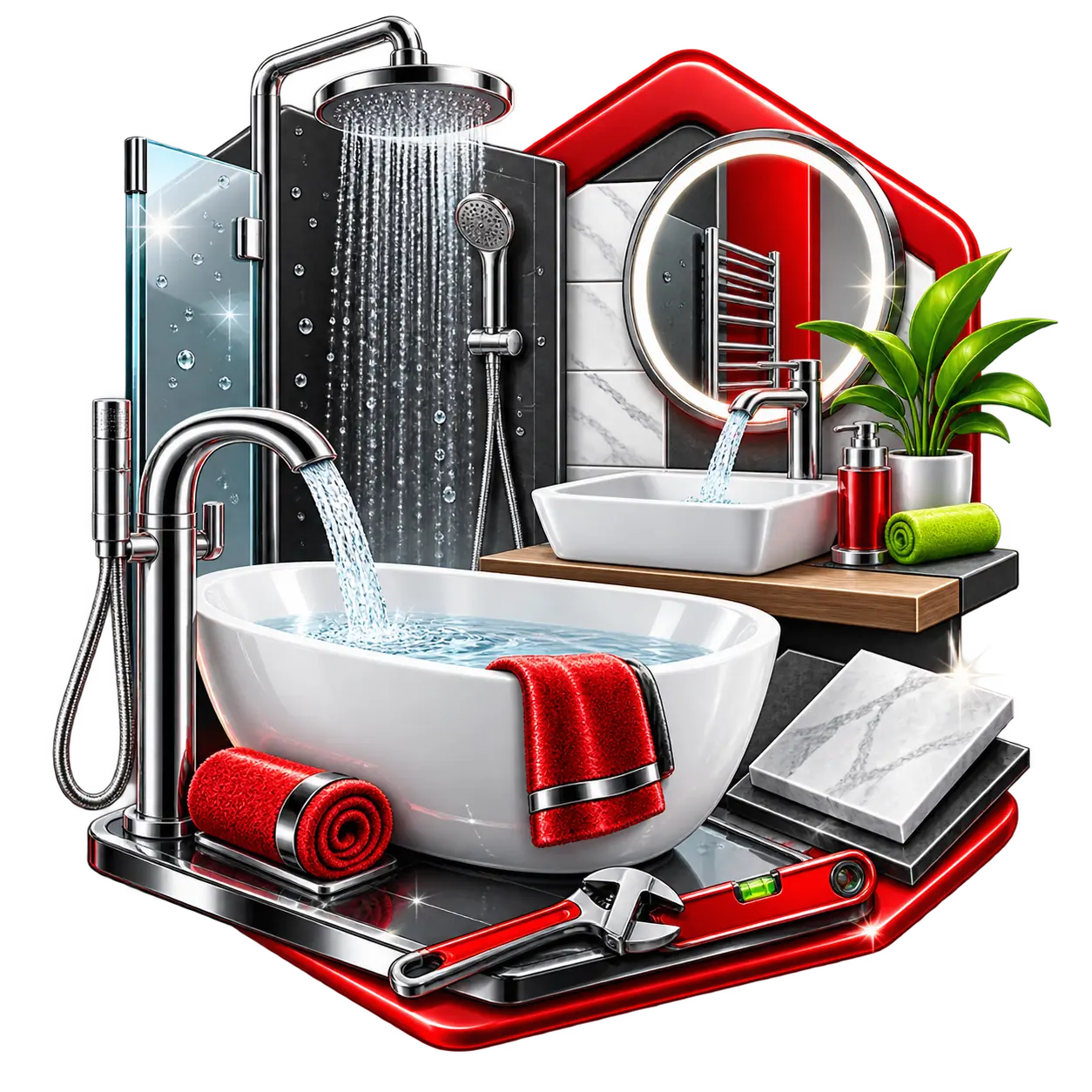 Illustration einer Badewanne, Dusche und eines Waschbeckens Illustration einer Badewanne, Dusche und eines Waschbeckens