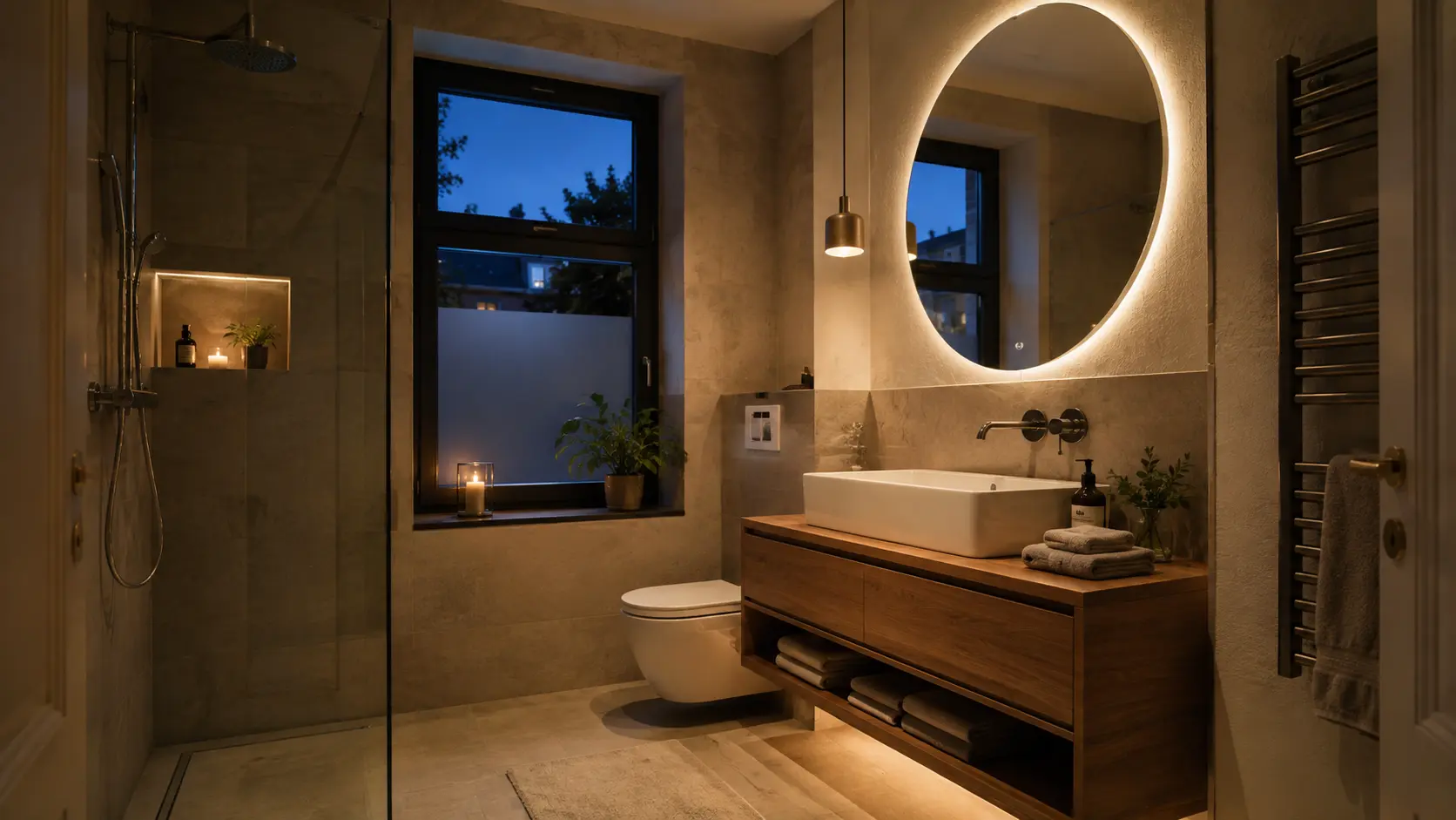 Badezimmer mit bodengleicher Dusche, Holzwaschtisch und beleuchtetem Rundspiegel